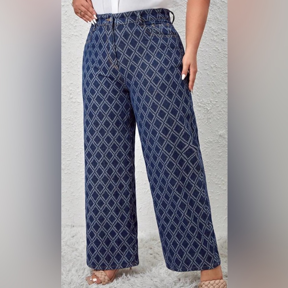 NWOT SHEIN Blue Diamond Pattern Wide Leg Jeans